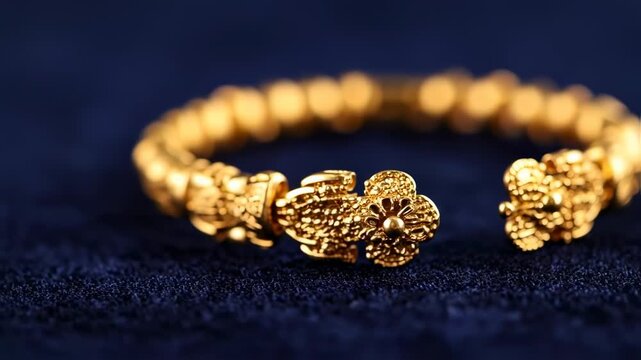 Ornate gold bangle on dark fabric