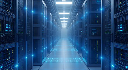 Modern Data Center Server Room Corridor with Blue Lit Futuristic Tech Infrastructure