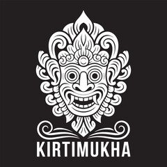 White Kirtimukha ornamental mask on a black background. A traditional Hindu and Buddhist protective 'Face of Glory' vector illustration.
