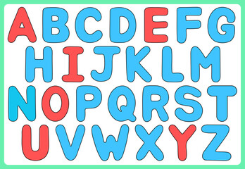 Colorful alphabet illustration with red and blue uppercase bubble letters.