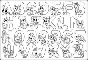 Naklejka premium Alphabet animals coloring page for kids with adorable cartoon creatures a to z.