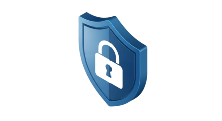 Isometric blue shield with white padlock representing security and protection