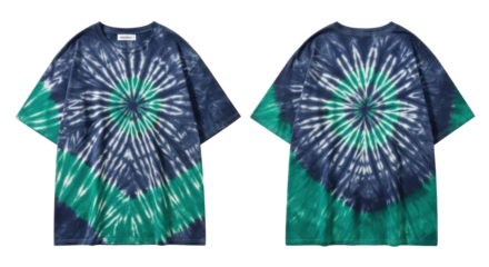 An oversized, loose-fitting tie-dye t-shirt in deep indigo & emerald green, soft pre-shrunk cotton, front & back displayed on transparent background, concept of unique artistic fashion