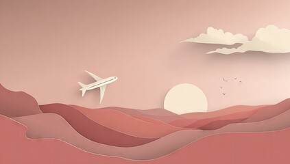 A plane flies over a landscape of layered hills at sunset.