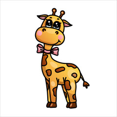 Cute cartoon giraffe with pink bow isolated on white background.