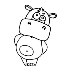 Cute cartoon hippopotamus in black and white outline with big eyes and cheeky expression.