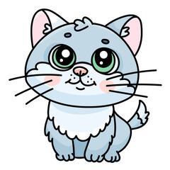 Cute cartoon cat with big eyes and whiskers on a white background.