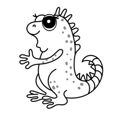 Cartoon black and white iguana with spikes and spots in playful pose.