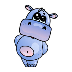 Cute cartoon hippopotamus with big eyes on a white background.