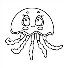 Cute smiling jellyfish cartoon line art illustration for coloring books.