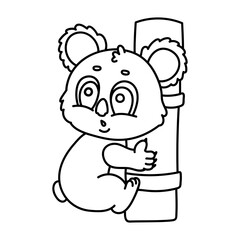 Adorable cartoon koala clinging to bamboo coloring page for kids.
