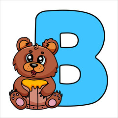 Cute bear cartoon with honey pot and blue letter b for kids' alphabet learning.