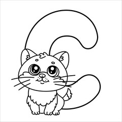 Cute cartoon kitten with large tail and big eyes black and white illustration.