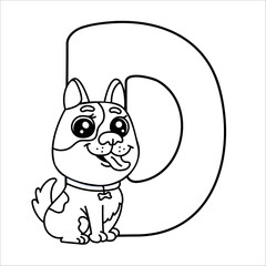 Cute cartoon dog with letter d for children's alphabet learning and coloring.