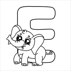 Cute cartoon elephant with letter e, fun alphabet coloring page for kids.