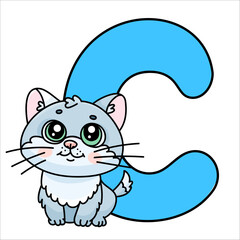 Cute cartoon cat with letter c for kids alphabet learning and education.