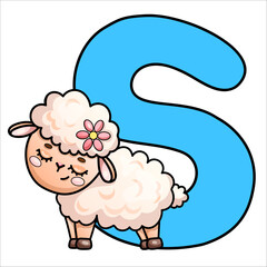 A pretty cartoon sheep with a pink flower in front of a large blue letter S.