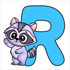 Cute cartoon raccoon waving next to large blue letter r for kids' alphabet.
