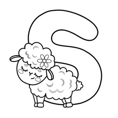 Cute alphabet letter s with sleeping sheep for kids coloring book.
