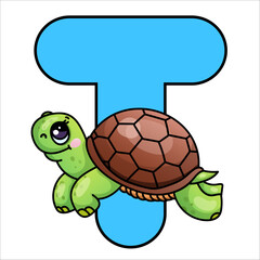 Cute cartoon turtle in front of blue letter t on white background.