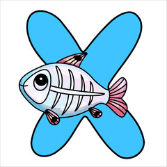 Colorful cartoon x-ray fish skeleton and blue x background for quirky designs.