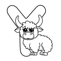 Fototapeta premium Cute yak with letter y in adorable cartoon style for kids' alphabets and learning.