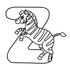 Playful zebra with letter z outline for kids' alphabet learning and coloring.