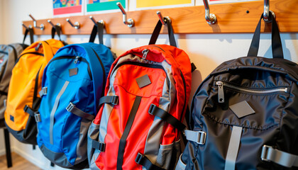 Colorful backpacks hanging on hooks in a modern hallway  