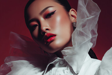 Fashion editorial close-up portrait of an Asian female model with soft, natural expression. Artistic backlighting with an overexposed white background and diffused light through translucent fabric.