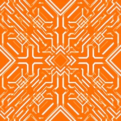 An intricate, symmetrical pattern of interconnected lines creates a bold, orange backdrop.