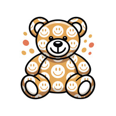 Cute teddy bear toy covered in a pattern of happy yellow smiley faces. An adorable and positive stuffed animal for children vector illustration.