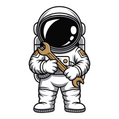 Cartoon astronaut character in a full spacesuit holding a large wrench. A detailed spaceman mechanic or engineer ready for repairs vector illustration.