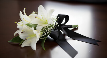 Funeral flower arrangement with white lilies and black ribbon on dark wooden surface. Funeral flower arrangement for a memorial service evokes sympathy and remembrance.