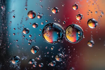 Colorful Reflections in Water Droplets on Glass with Vibrant Background and Artistic Effect