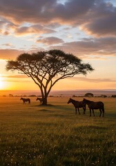 Obraz premium Equine silhouettes against a vibrant sunset painting an African savanna vista of serenity