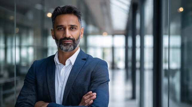 Hispanic mature bearded businessman standing with arms crossed, wearing a suit in a modern glass office setting. 