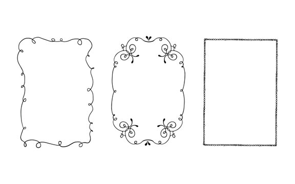 Set of elegant fancy outline black hand drawn frames with wavy swirls in trendy vintage style. Perfect for gift wrapping on holidays, Christmas, weddings or birthdays. Vector monochrome illustration. - Powered by Adobe