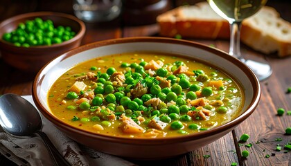 Creamy pea soup with chunks of meat