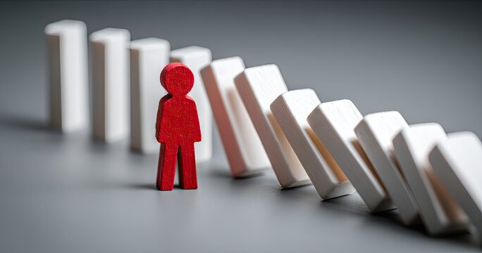 Risk. Wooden figure resists falling dominoes, demonstrating strength and prevention