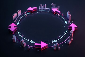 Dynamic 3D cycle infographic with glowing arrows and rising bar charts representing business growth and progress