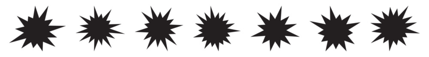 Black starburst badge set in retro style. Explosion shapes, flash shapes for SALE, DISCOUNT, and PROMO designs. Special offer symbols isolated on transparent background.