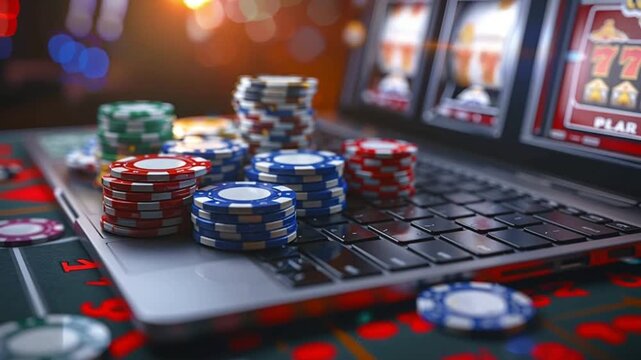 Online gambling with poker chips and laptop, Man playing acoustic guitar on stage, Cybersecurity digital padlock interface - Powered by Adobe