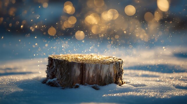 Magical Winter Scene with Tree Stump on Sparkling Snow and Golden Bokeh.