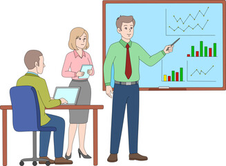 A team of business professionals having a meeting. A man gives a presentation with charts and graphs on a whiteboard while his colleagues listen and take notes. Cartoon vector illustration