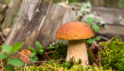 Wild mushroom growing on mossy forest floor in natural light close up