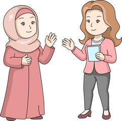 Two happy female colleagues or friends having a conversation. One woman in a hijab and another holding a tablet, both smiling and gesturing. A diverse and friendly interaction. Cartoon vector illustra