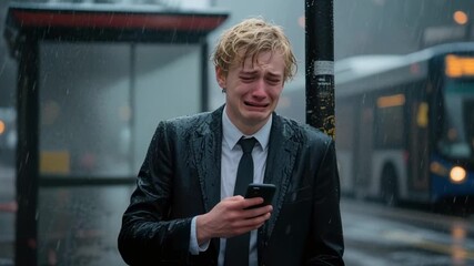 Man crying at bus stop in the rain while looking at phone - Powered by Adobe