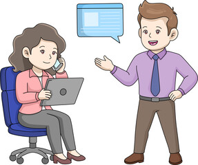 Two business colleagues having a discussion or meeting. A man is talking with a speech bubble, while a woman sits, making a phone call and looking at her laptop. Cartoon vector illustration