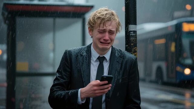 Man crying at bus stop in the rain while looking at phone
