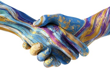 Dynamic abstract handshake conveying partnership and collaboration with vibrant blue, purple, and gold textures